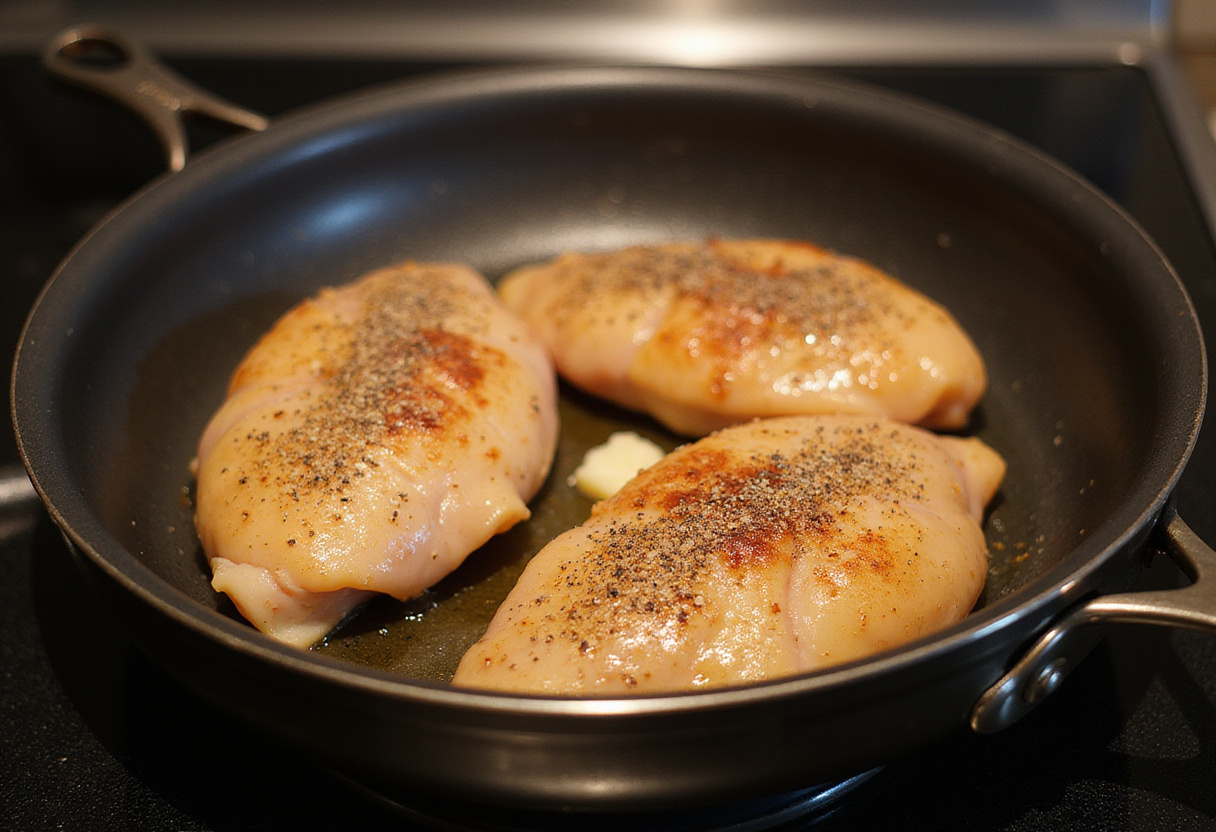 Searing chicken breasts in a pan for creamy garlic chicken recipe, capturing the cooking process and ingredients in action.