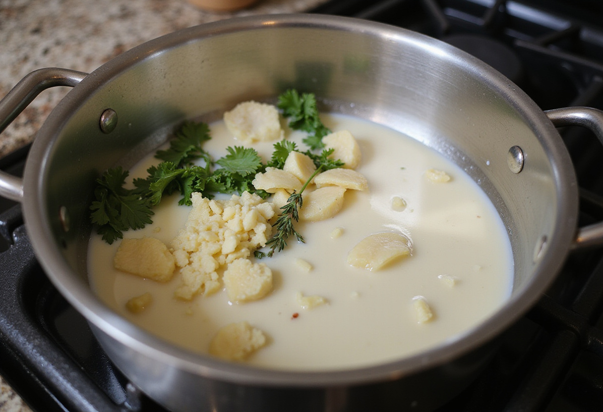 Simmering heavy cream with garlic for creamy garlic chicken sauce, illustrating the preparation of a rich and flavorful sauce.