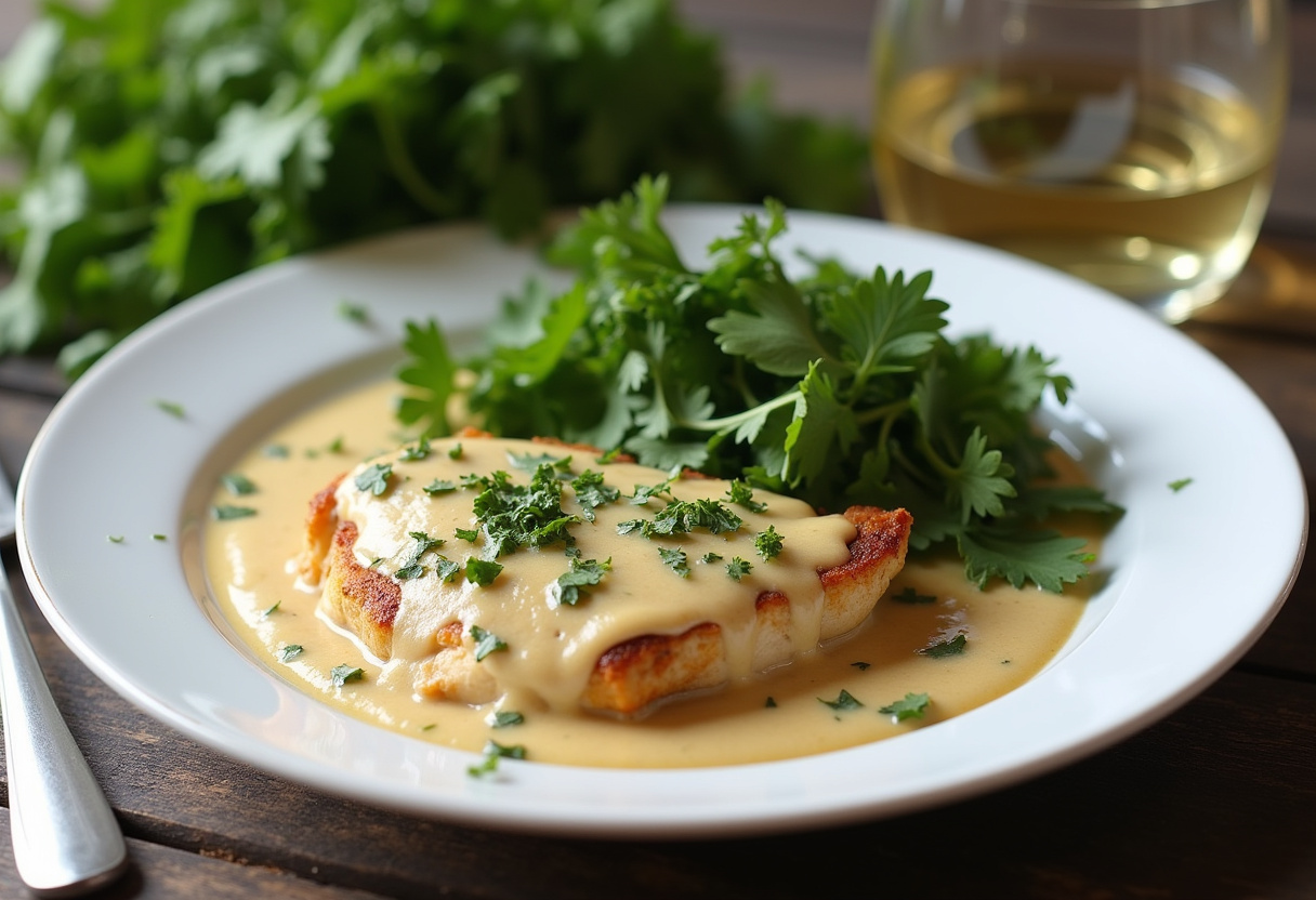 Plated creamy garlic chicken ready to serve, featuring a rich sauce and garnishes for an elegant dining experience.