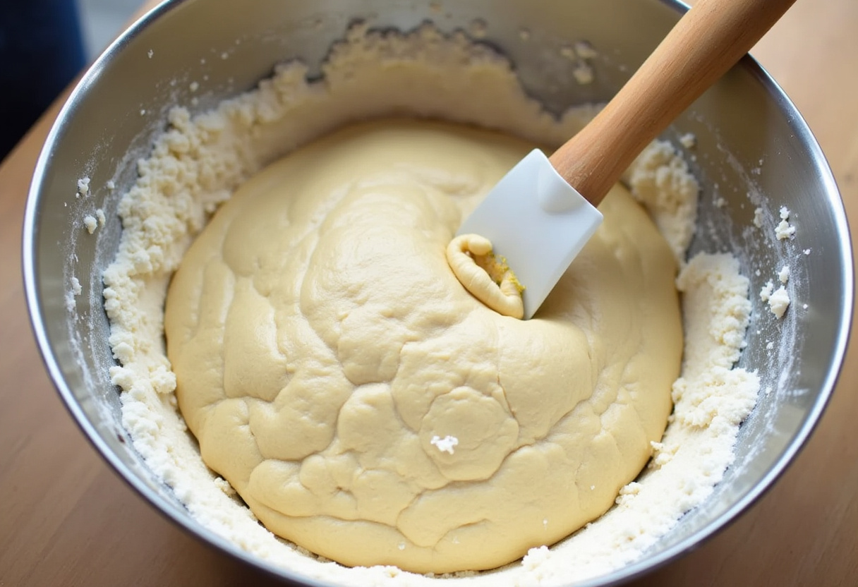 Combine ingredients to form dough for Crusty Chewy French Bread Rolls, ensuring a sticky texture for proper structure.