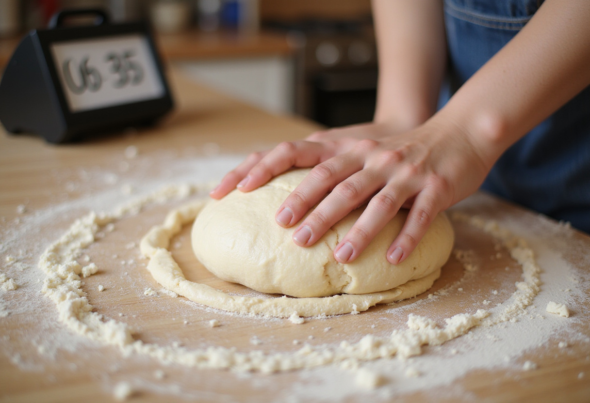 Knead the dough for Crusty Chewy French Bread Rolls, allowing it to rise for that signature chewy texture.