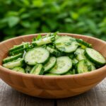 Realistic display of Din Tai Fung style cucumber salad, highlighting its fresh ingredients and vibrant presentation on a rustic table.