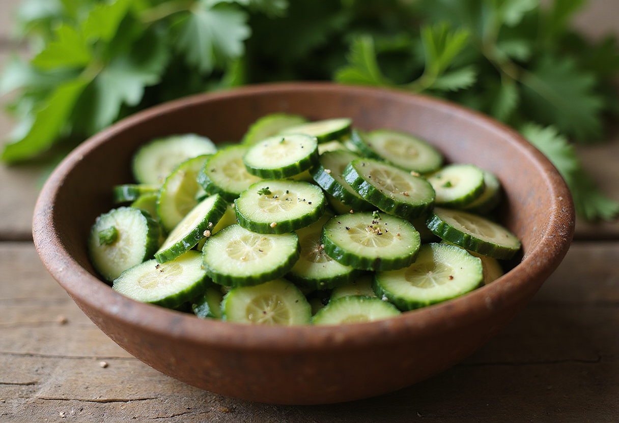 Realistic display of Din Tai Fung style cucumber salad, highlighting its fresh ingredients and vibrant presentation on a rustic table.