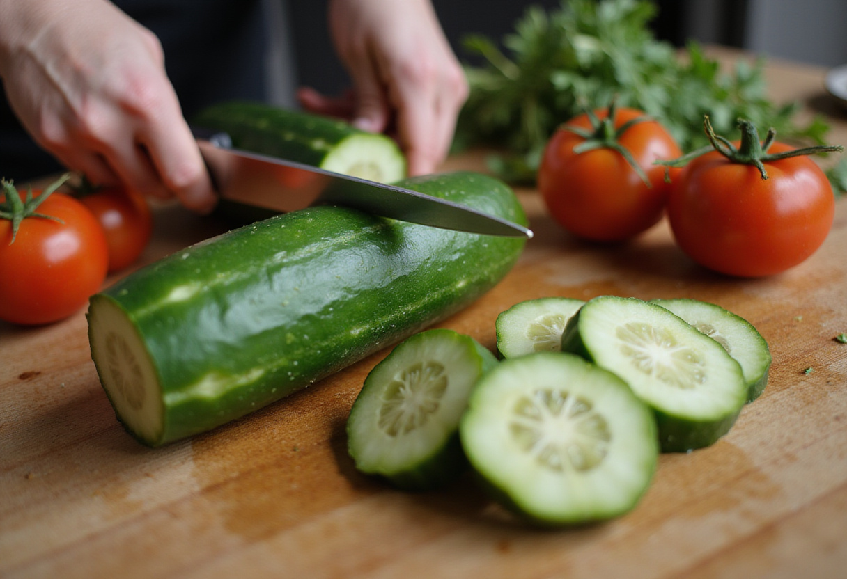 Fresh cucumber being sliced for a Din Tai Fung style cucumber salad, showcasing vibrant ingredients and a cozy kitchen atmosphere.