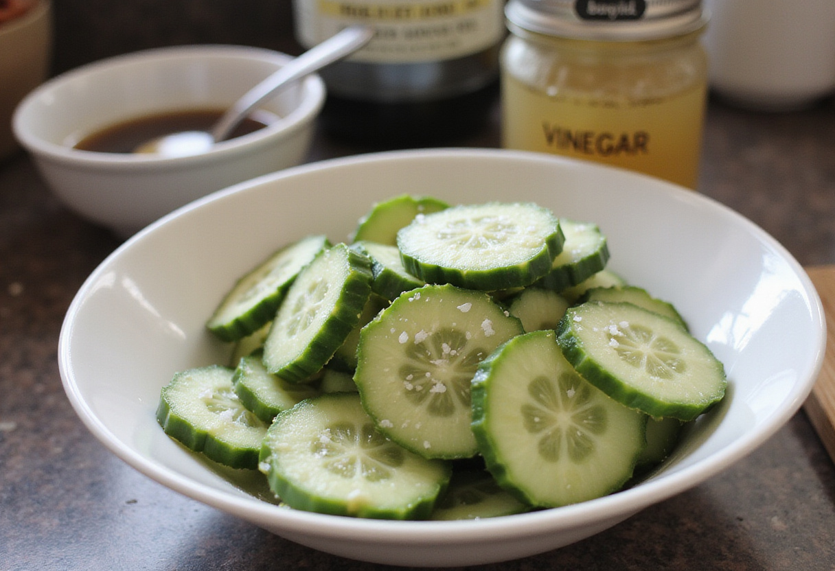 Preparing the dressing for Din Tai Fung style cucumber salad with cucumbers sprinkled with salt, vinegar, and sesame oil on a kitchen counter.