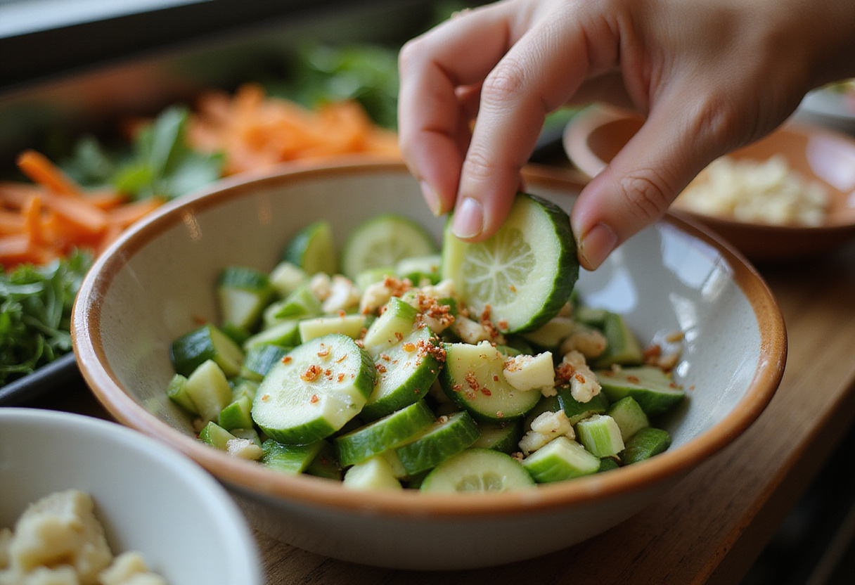 Mixing ingredients for Din Tai Fung style cucumber salad, showcasing fresh garlic, green onions, and chili flakes with vibrant salad visuals.