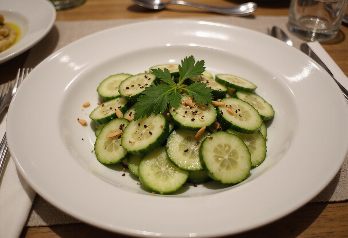 Final presentation of Din Tai Fung style cucumber salad served elegantly on a plate, highlighting its fresh ingredients and garnished appeal.