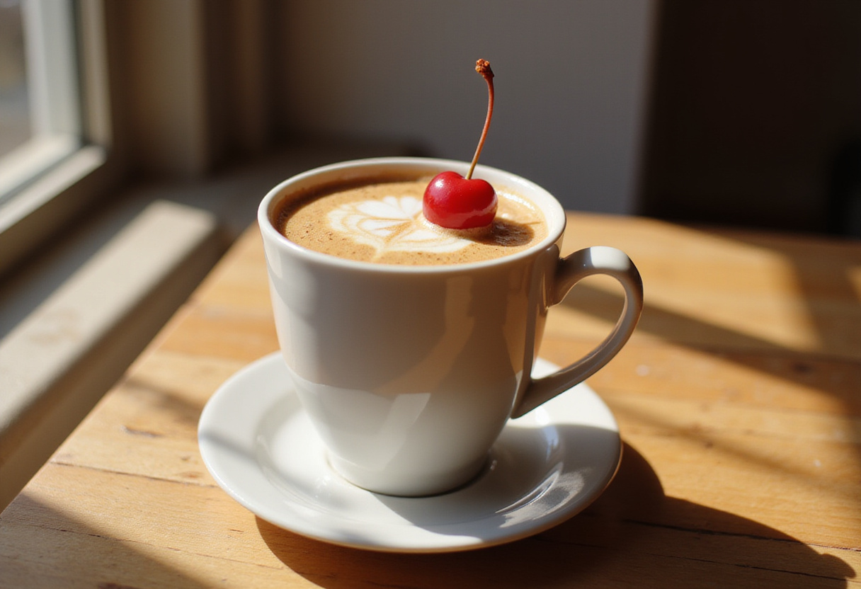 Serving a delightful cup of Cherry Earl Grey Milk Tea, beautifully presented for enjoyment at home.