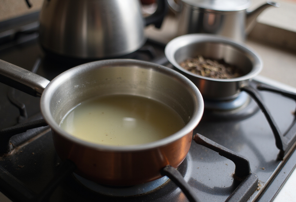 Heating water in a saucepan for Delicious Cherry Earl Grey Milk Tea, essential tea preparation step.