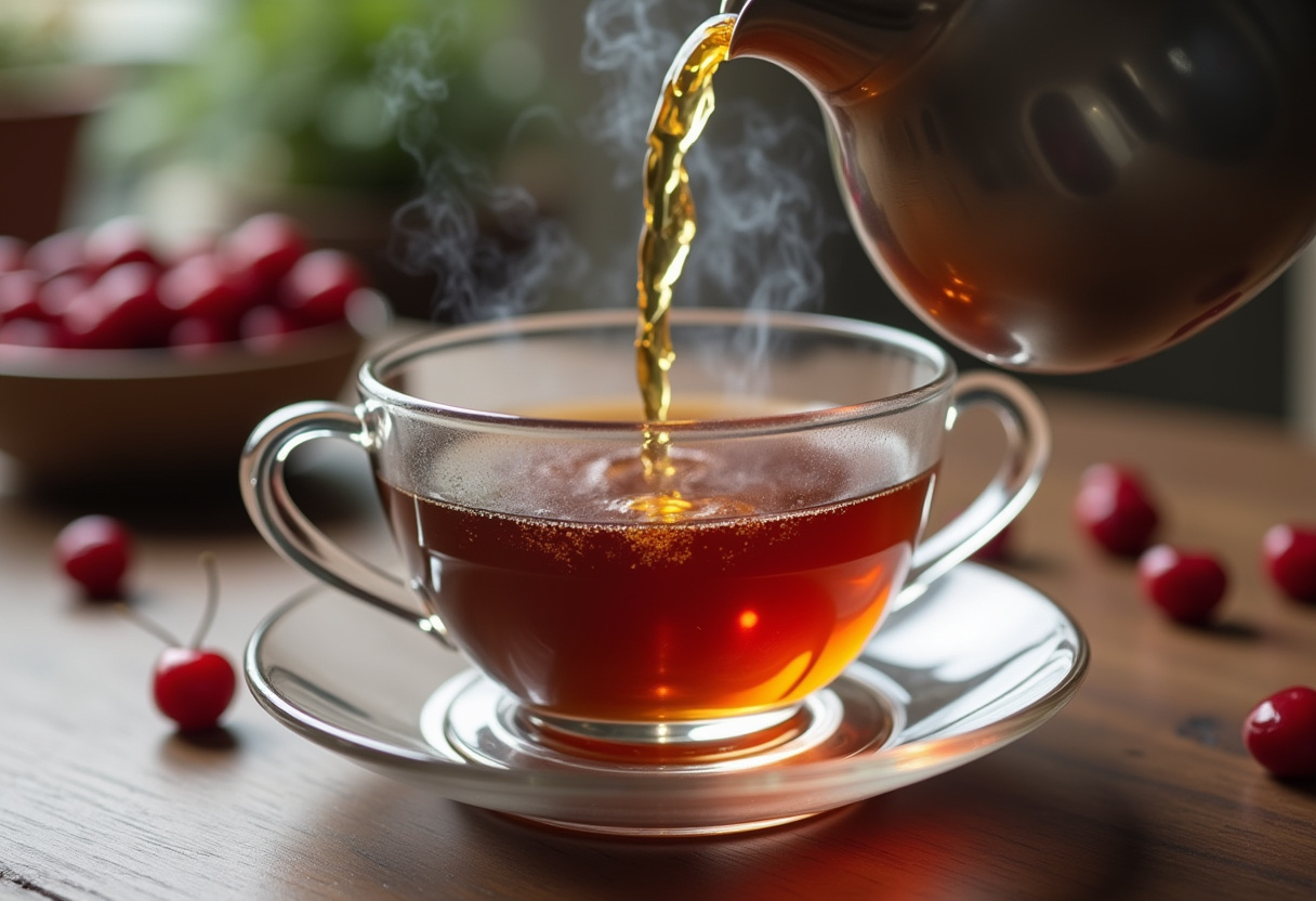 Pouring Earl Grey tea into a cup, an integral part of making Cherry Earl Grey Milk Tea.
