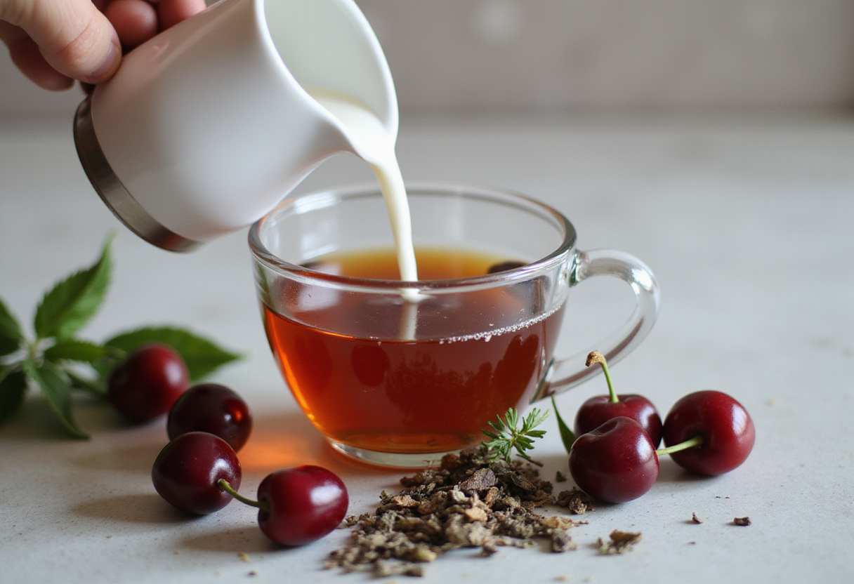 Adding milk to Earl Grey tea to create the perfect Cherry Earl Grey Milk Tea drink.