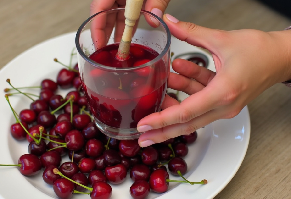 Muddling fresh cherries to make cherry puree for Delicious Cherry Earl Grey Milk Tea.