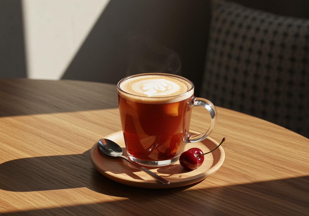 Serving a delightful cup of Cherry Earl Grey Milk Tea, beautifully presented for enjoyment at home.