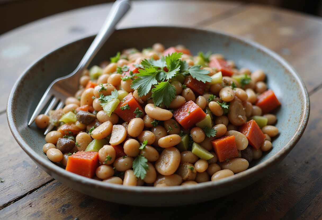 Delicious dense bean salad beautifully garnished and served in a bowl, highlighting fresh vegetables and vibrant colors.