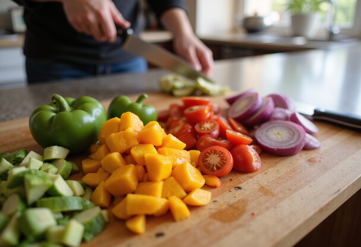 Fresh vegetables for dense bean salad preparation including bell peppers, tomatoes, and red onion cut on a wooden board.