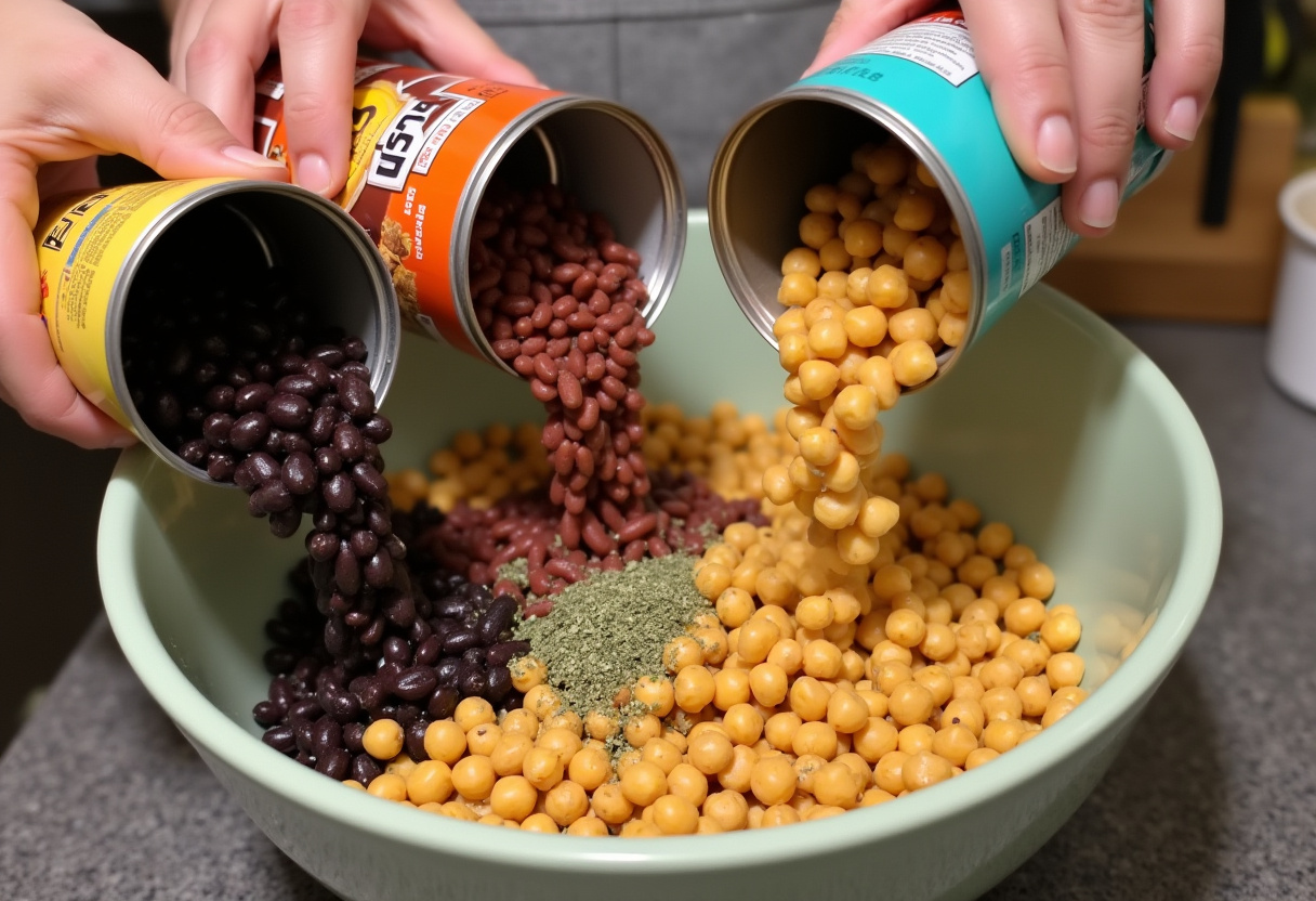 Pouring different canned beans like black beans, kidney beans, and chickpeas into a bowl for a nutritious dense bean salad.