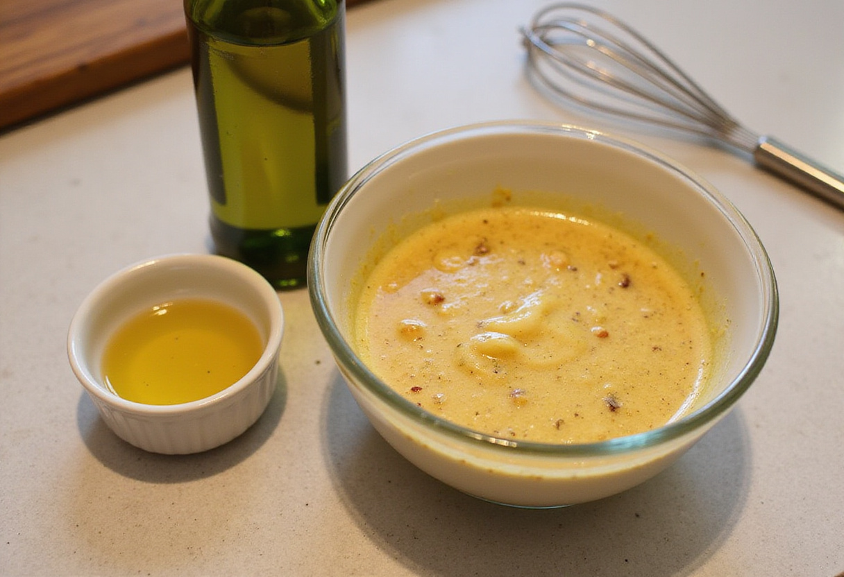 Preparing a dressing with olive oil and vinegar for a rich dense bean salad on a countertop.