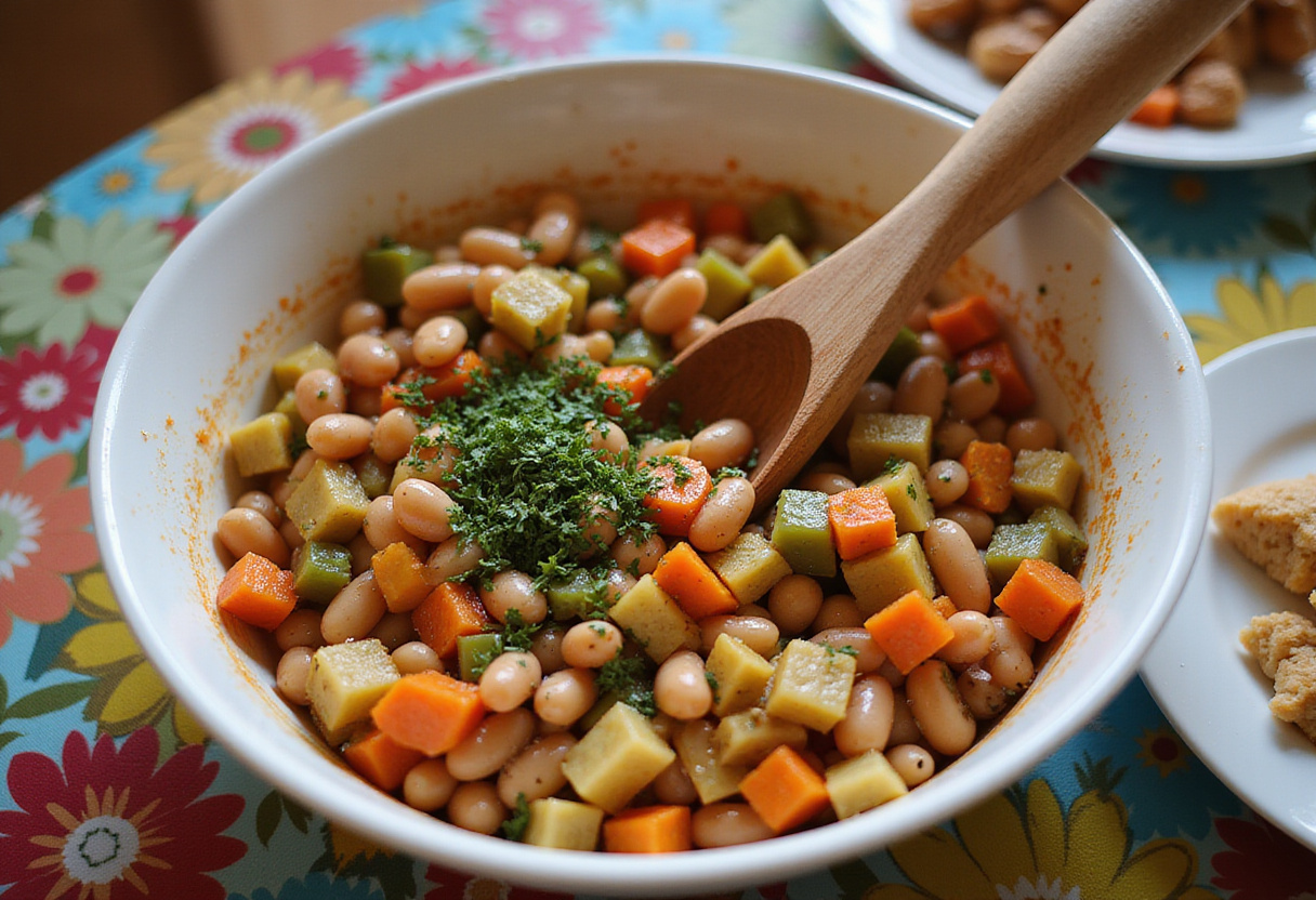 Tossing together beans and freshly diced vegetables for a delicious and healthy dense bean salad.