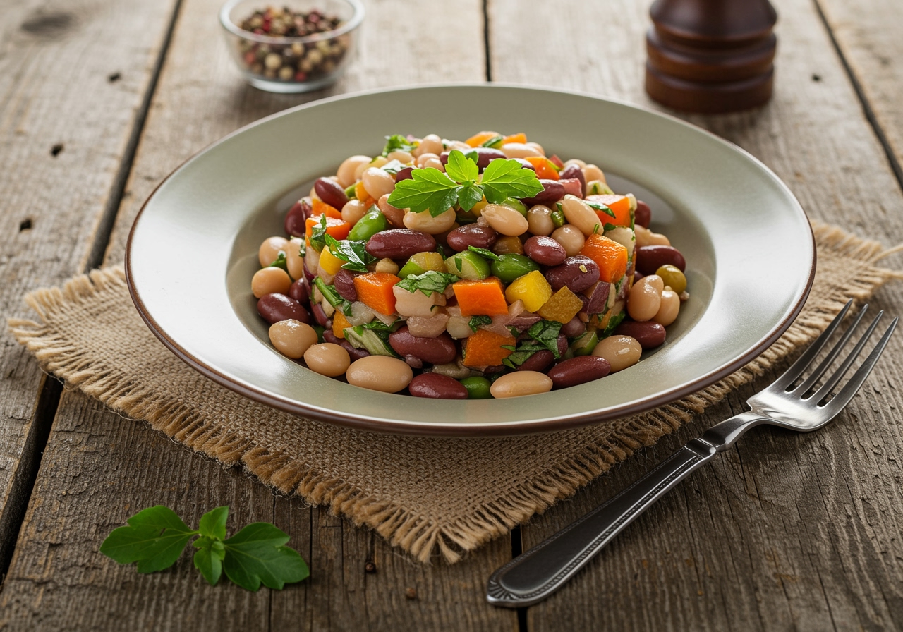 Delicious dense bean salad beautifully garnished and served in a bowl, highlighting fresh vegetables and vibrant colors.