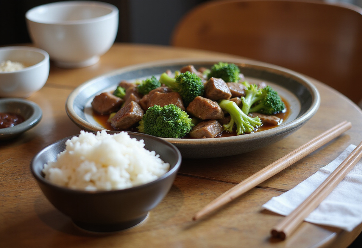 Easy beef and broccoli recipe: a finished plate of tender beef and vibrant broccoli, garnished and ready to serve.