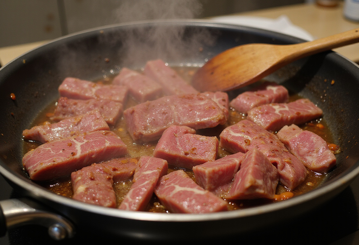 Easy beef and broccoli recipe: sautéing beef strips with vibrant vegetables in a skillet.
