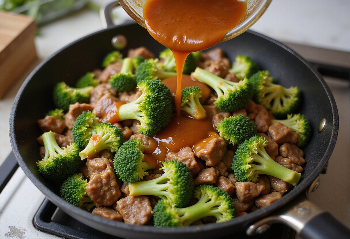 Easy beef and broccoli recipe: preparing a delicious homemade sauce with soy sauce and garlic for the dish.