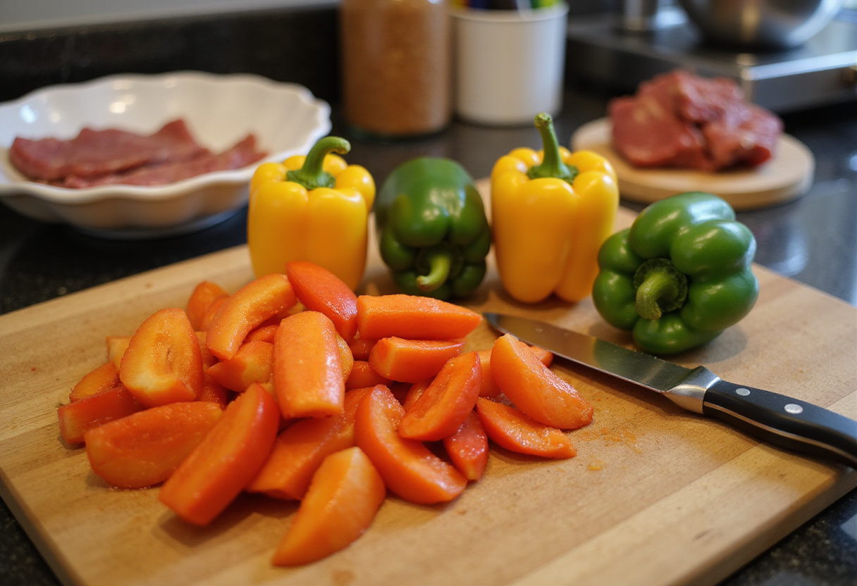 Slicing fresh bell peppers for Easy Chinese Pepper Steak, showcasing vibrant colors and ingredients.