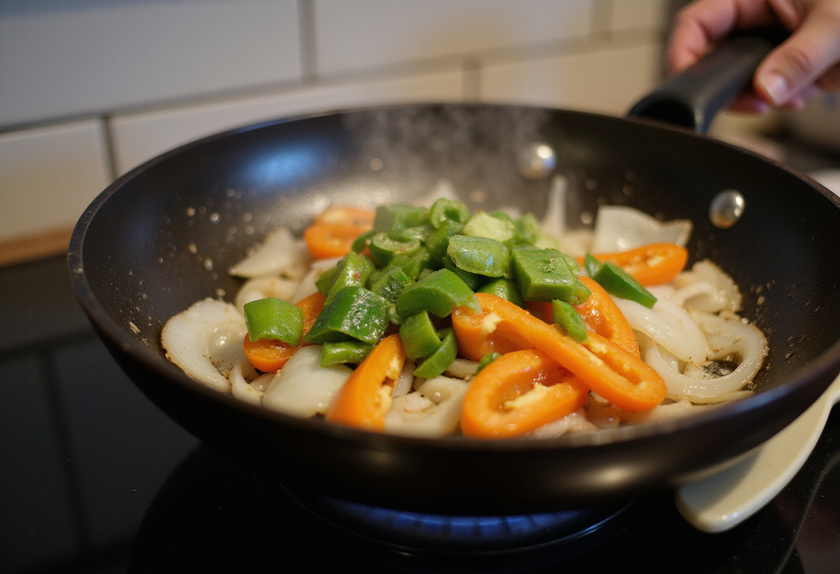 Sizzling bell peppers and onions in a pan for Easy Chinese Pepper Steak, capturing the cooking process.