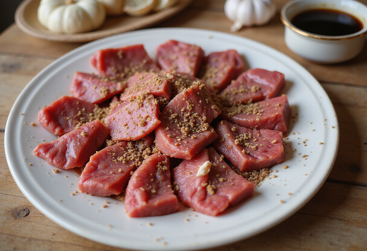 Seasoning beef for Easy Chinese Pepper Steak, highlighting flavorful ingredients like soy sauce and garlic.
