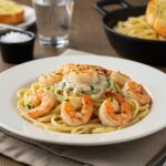 Final presentation of Easy Creamy Garlic Shrimp on a plate with pasta, showcasing a delicious and creamy seafood dish.