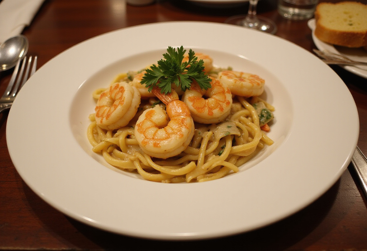 Final presentation of Easy Creamy Garlic Shrimp on a plate with pasta, showcasing a delicious and creamy seafood dish.
