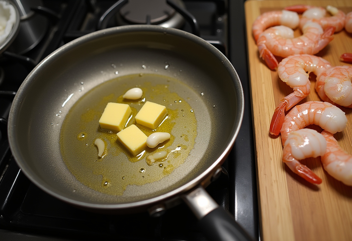 Easy Creamy Garlic Shrimp preparation with sautéing garlic and fresh shrimp in a pan.