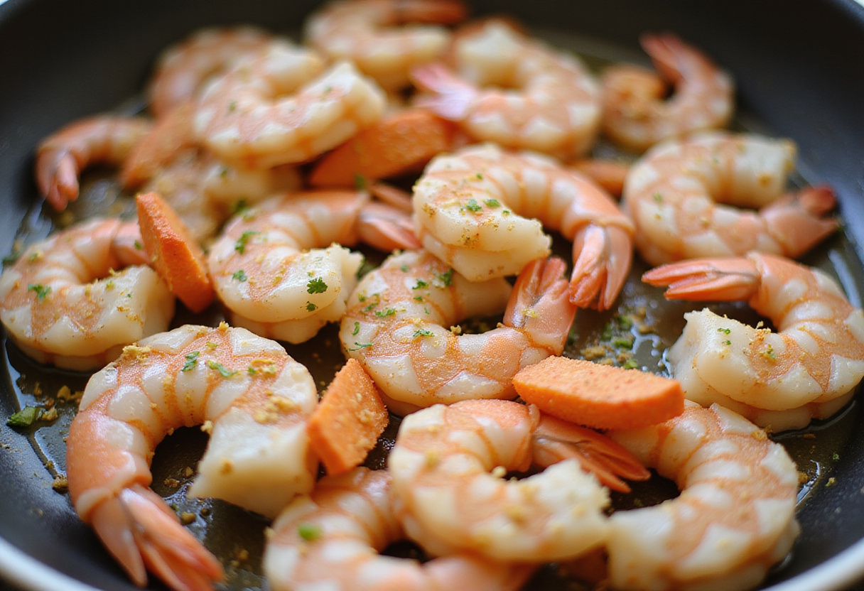 Cooking shrimp for Easy Creamy Garlic Shrimp in a pan, showcasing the vibrant pink color and delicious spices.