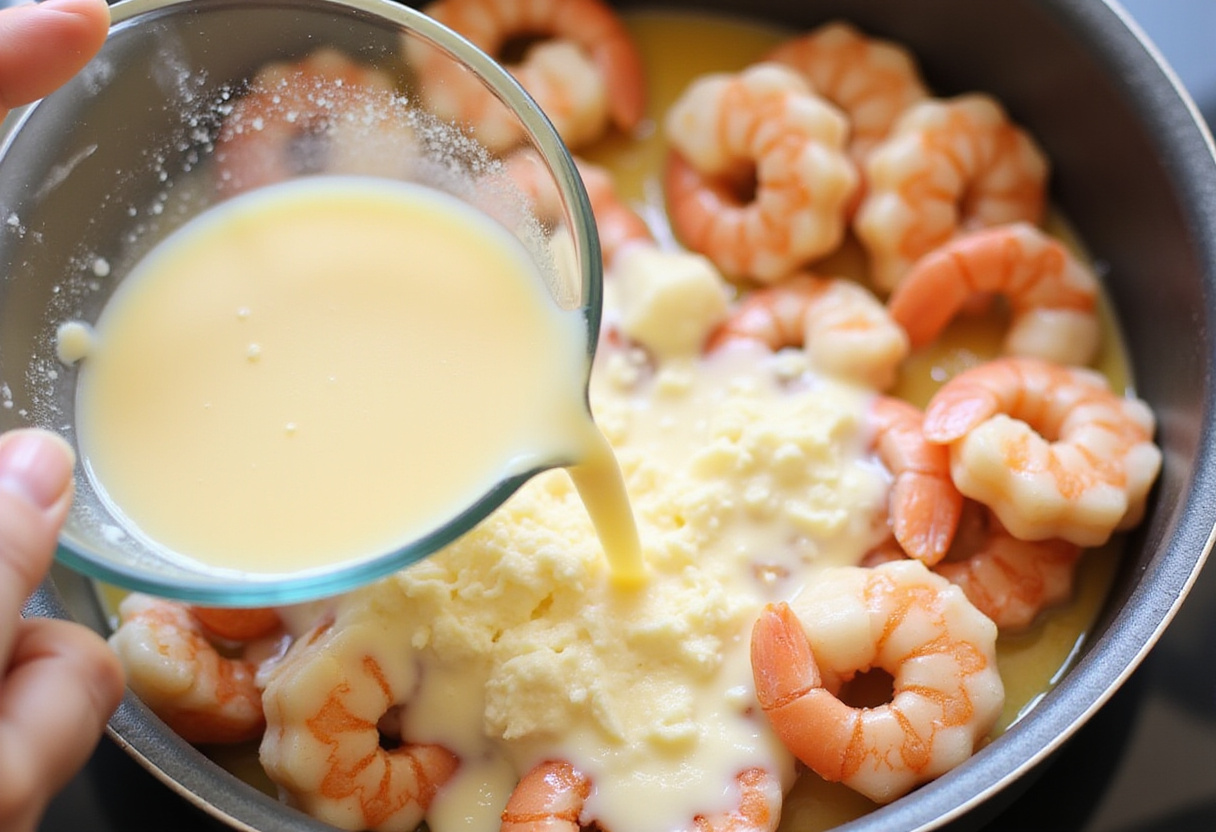Preparation of creamy sauce for Easy Creamy Garlic Shrimp with heavy cream and parmesan cheese being mixed in a bowl.
