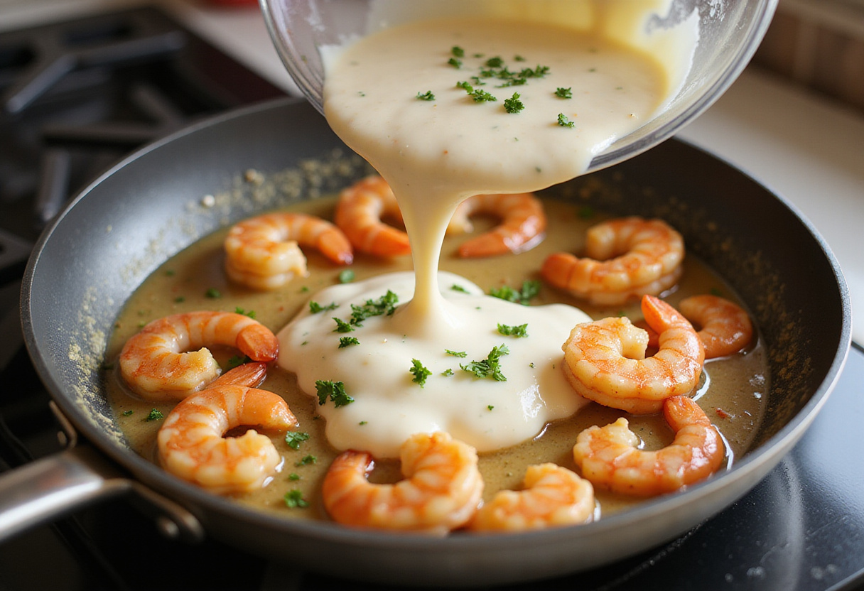 Adding creamy sauce to shrimp in a skillet for Easy Creamy Garlic Shrimp, enhancing the dish's visual appeal.