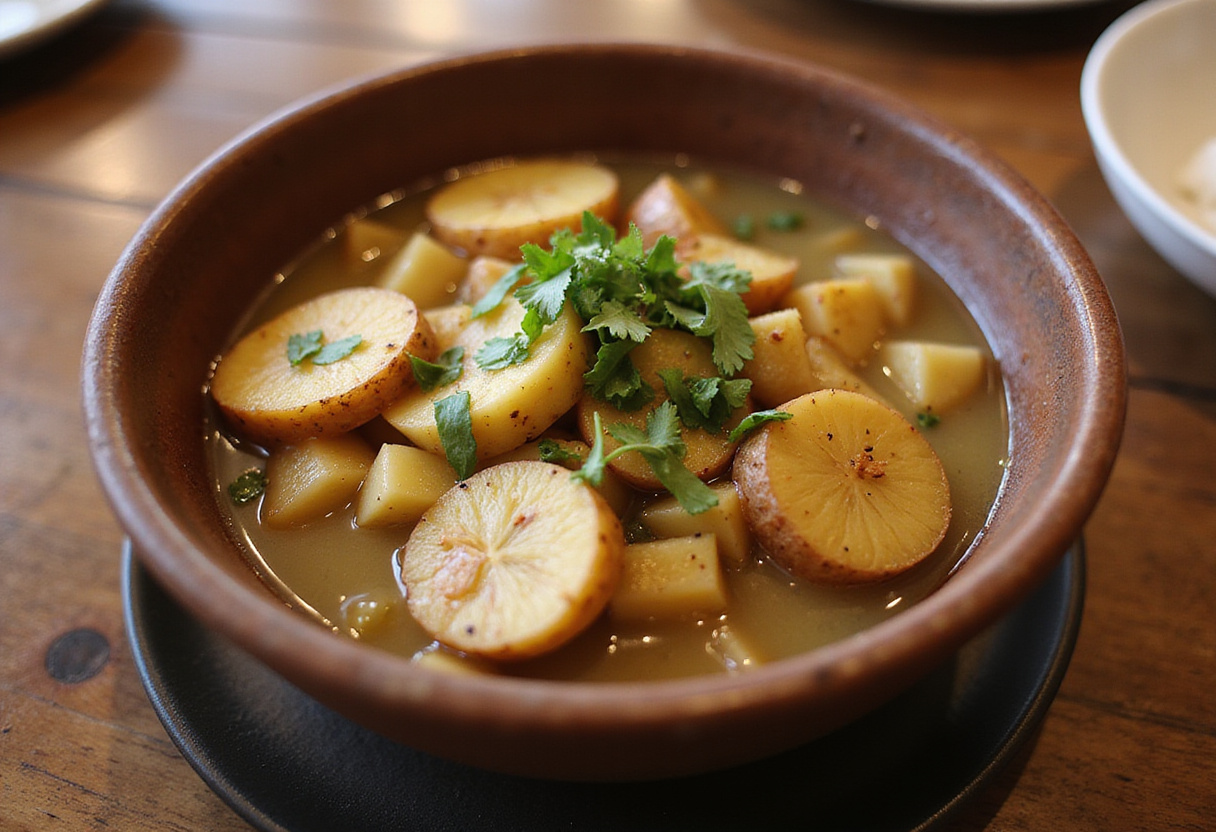 Plated Easy Lipton Onion Soup Potatoes garnished with herbs, rustic bowl on dining table, appetizing presentation.