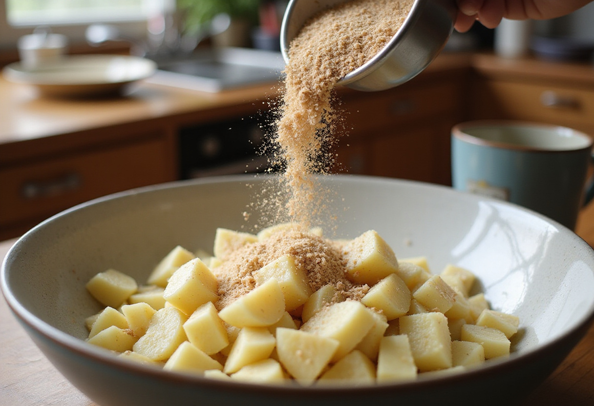Diced potatoes with Lipton onion soup mix in a mixing bowl for Easy Lipton Onion Soup Potatoes, cozy kitchen setting.
