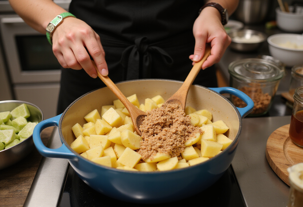 Chef mixing diced potatoes and onion soup mix for Easy Lipton Onion Soup Potatoes, detailed kitchen utensils visible, homey vibe.