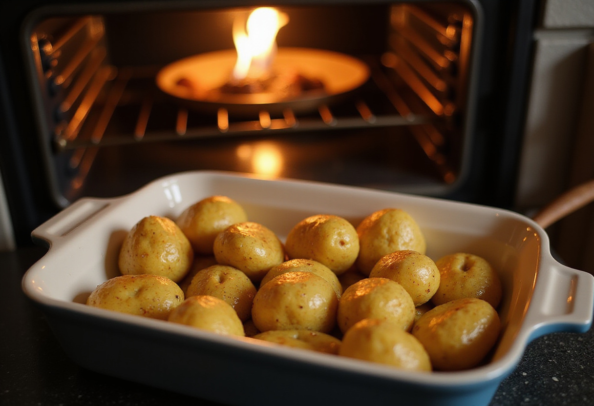 Baking dish filled with seasoned potatoes, prepared for Easy Lipton Onion Soup Potatoes, oven preheating in the background.