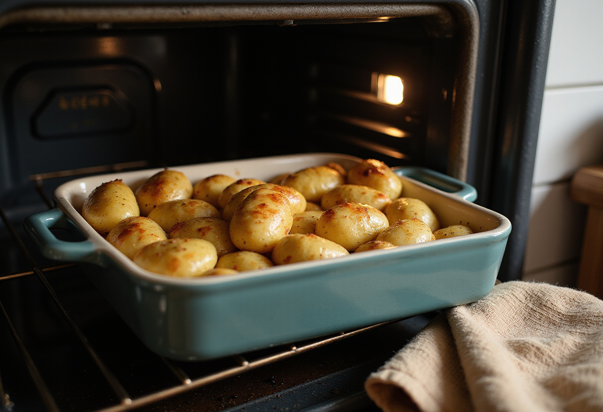 Freshly baked golden potatoes from the oven for Easy Lipton Onion Soup Potatoes, kitchen accessories in view.