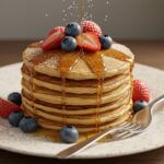 Final presentation of fluffy pancakes stacked high, garnished with fresh fruit and syrup, showcasing a mouth-watering fluffy pancake recipe.