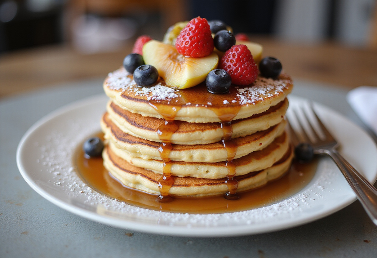 Final presentation of fluffy pancakes stacked high, garnished with fresh fruit and syrup, showcasing a mouth-watering fluffy pancake recipe.