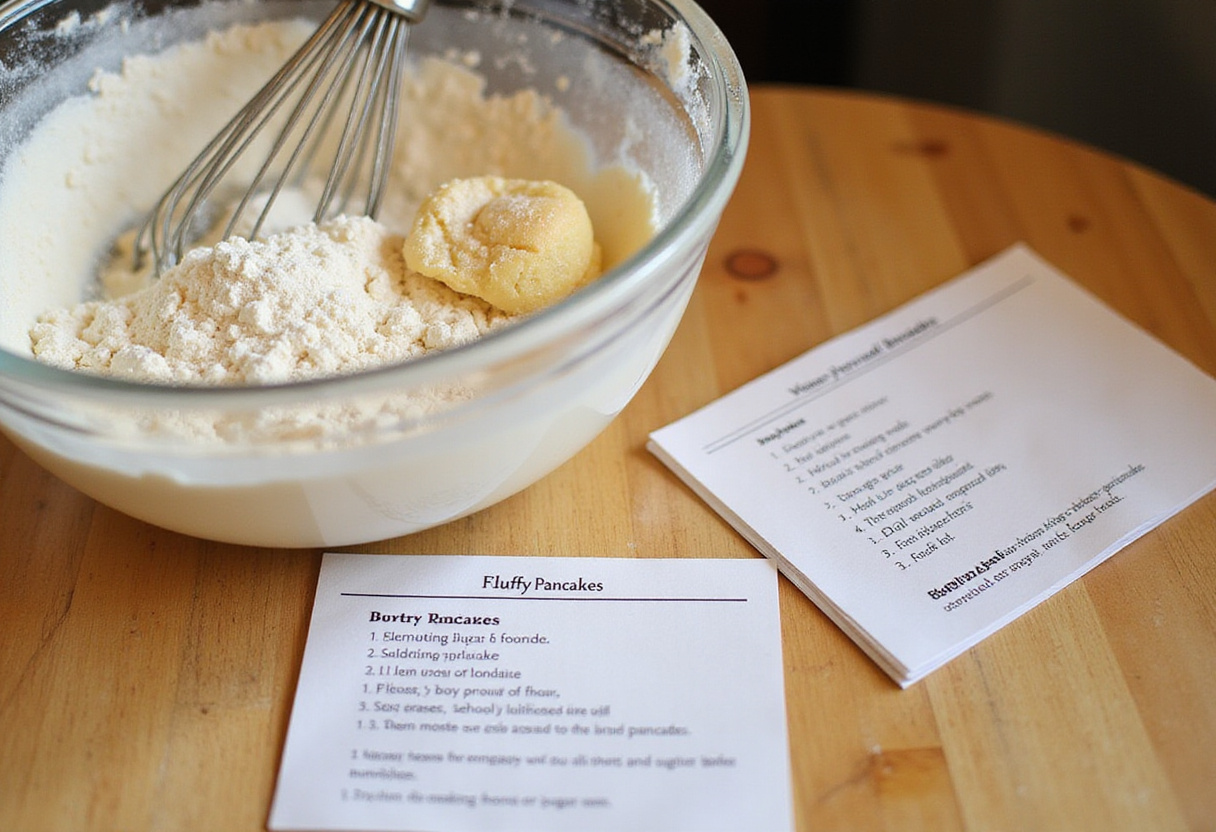 Mixing ingredients for fluffy pancakes, including flour and sugar, showcasing the beginning of a delicious pancake recipe.