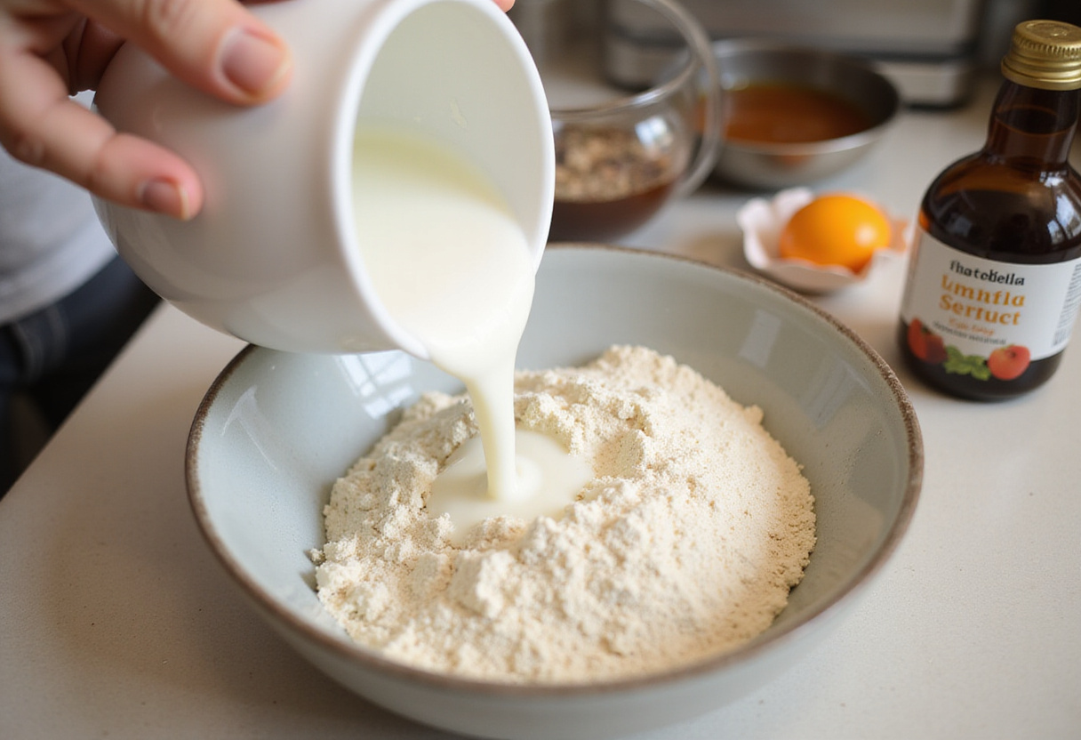 Adding milk and vanilla extract for fluffy pancake batter, capturing the essential ingredients for a light pancake recipe.