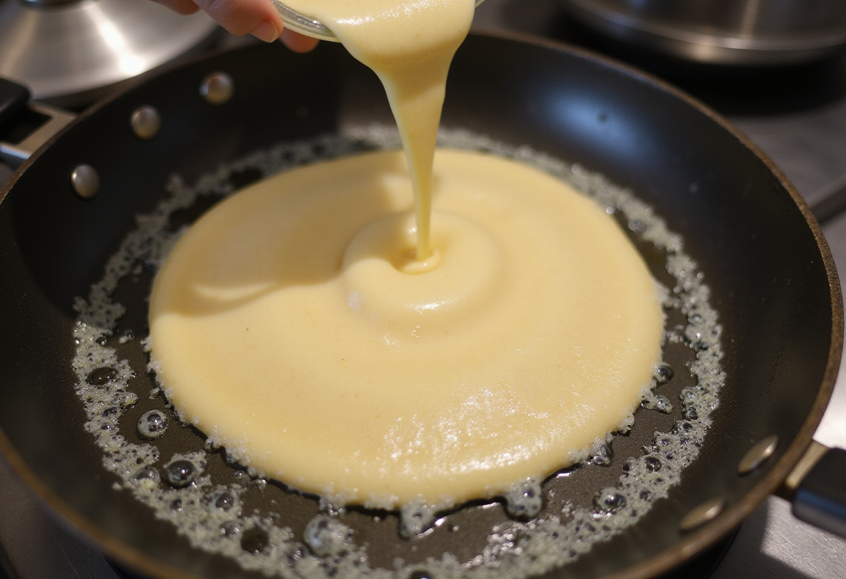 Pouring pancake batter onto a skillet, illustrating the cooking process for airy and fluffy pancakes, creating a delightful breakfast experience.
