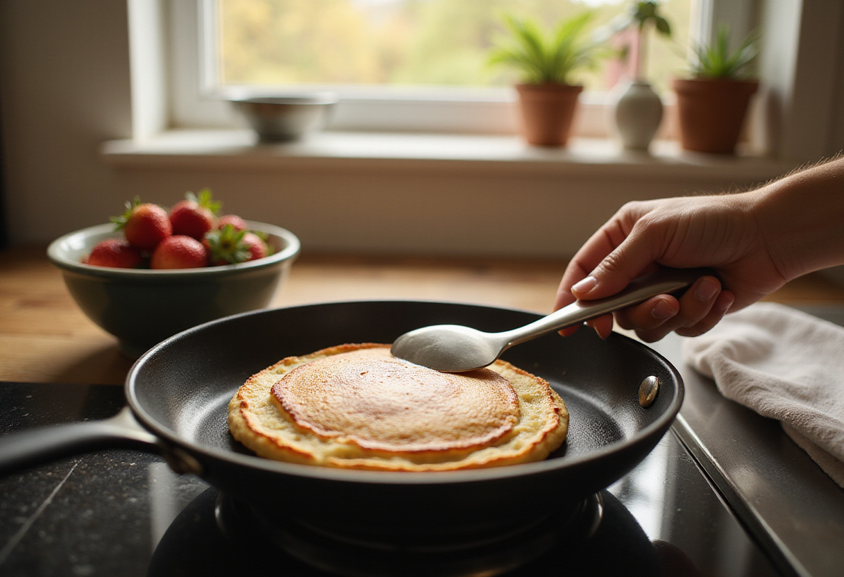 Flipping pancakes in a skillet, highlighting the cooking technique to achieve fluffy pancakes, set in a cozy kitchen atmosphere.