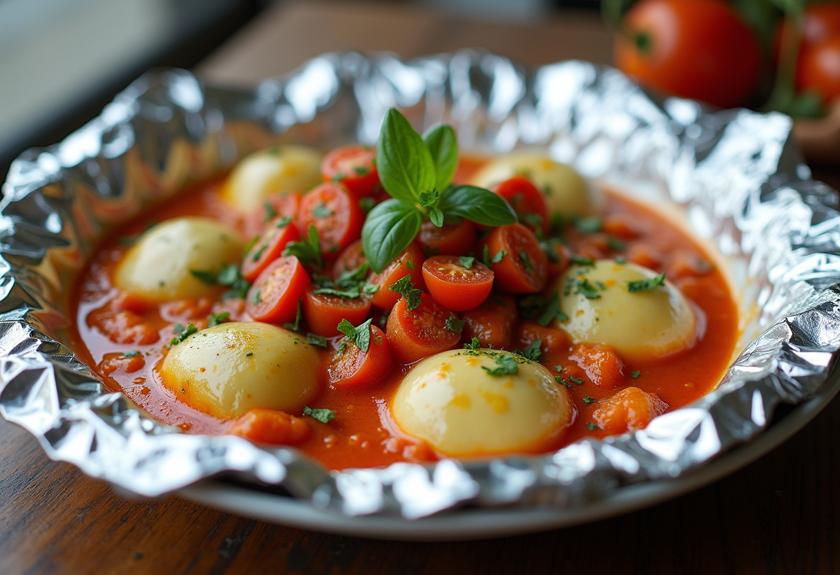 A deliciously plated foil-pack ravioli dinner featuring cheese-topped ravioli with vibrant vegetables, ready to enjoy.