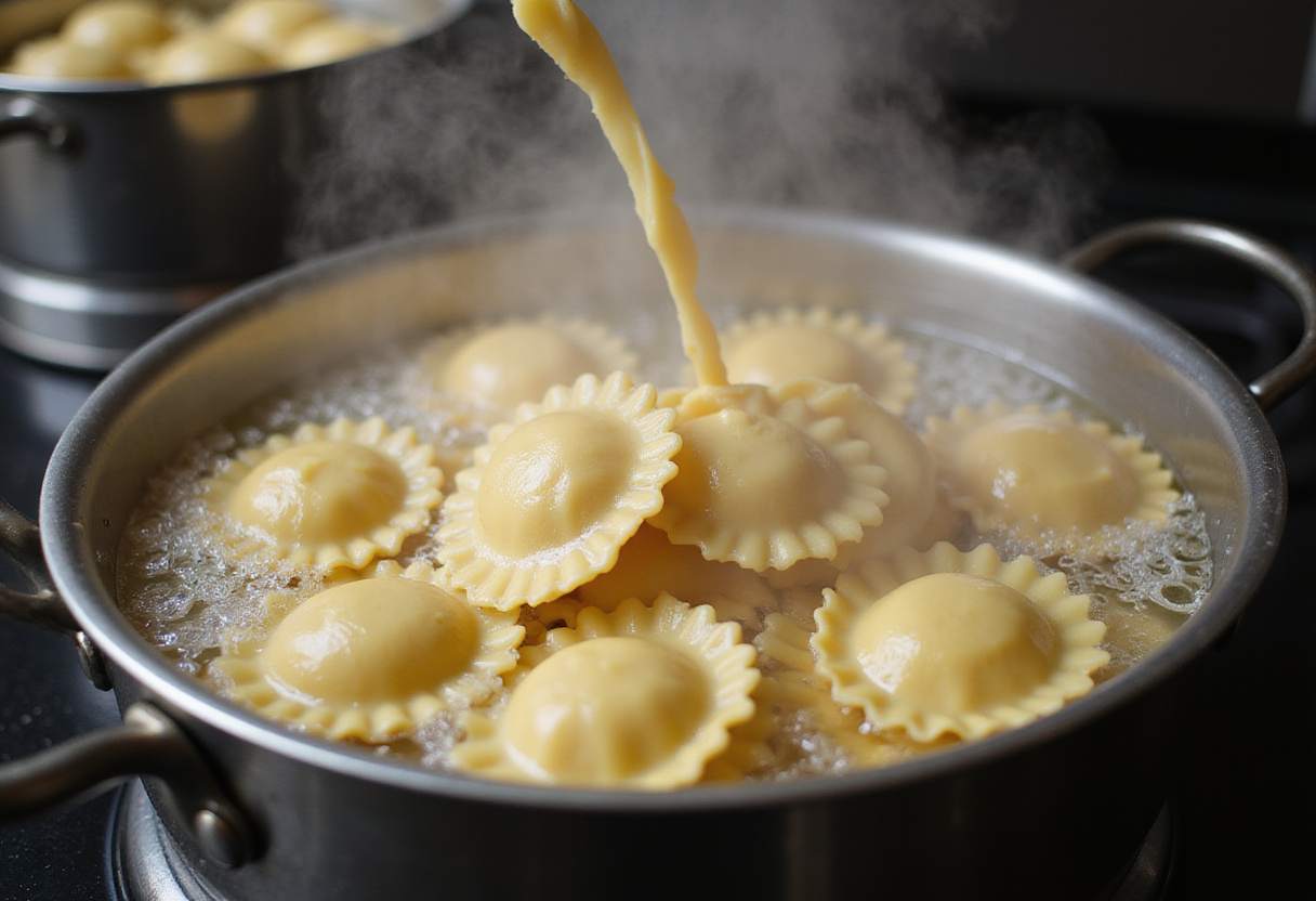 Cooking fresh ravioli in a pot of boiling water for a delicious foil-pack ravioli dinner.