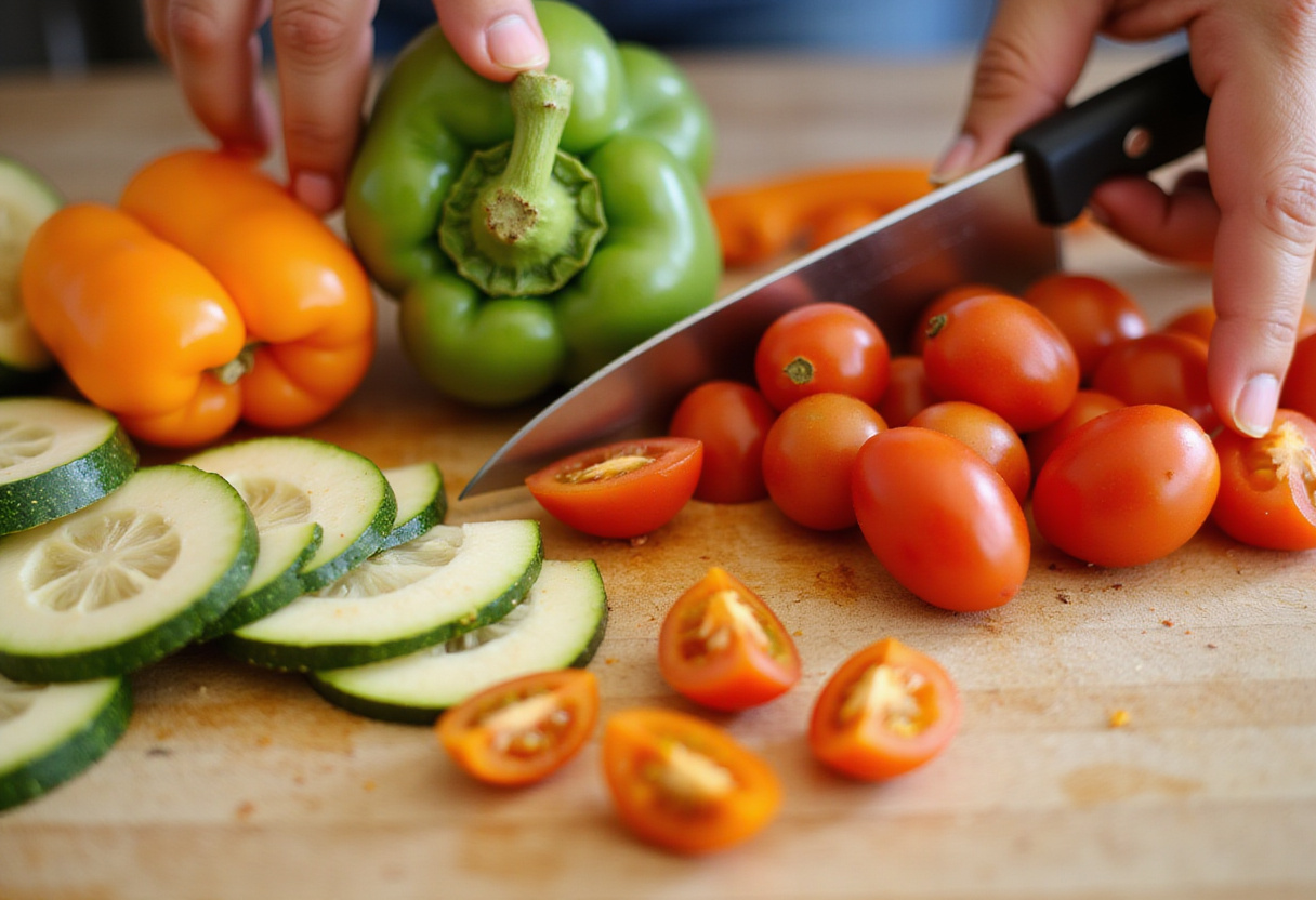 Chopping fresh vegetables like bell peppers and zucchini for foil-pack ravioli dinner, ensuring a burst of flavor.
