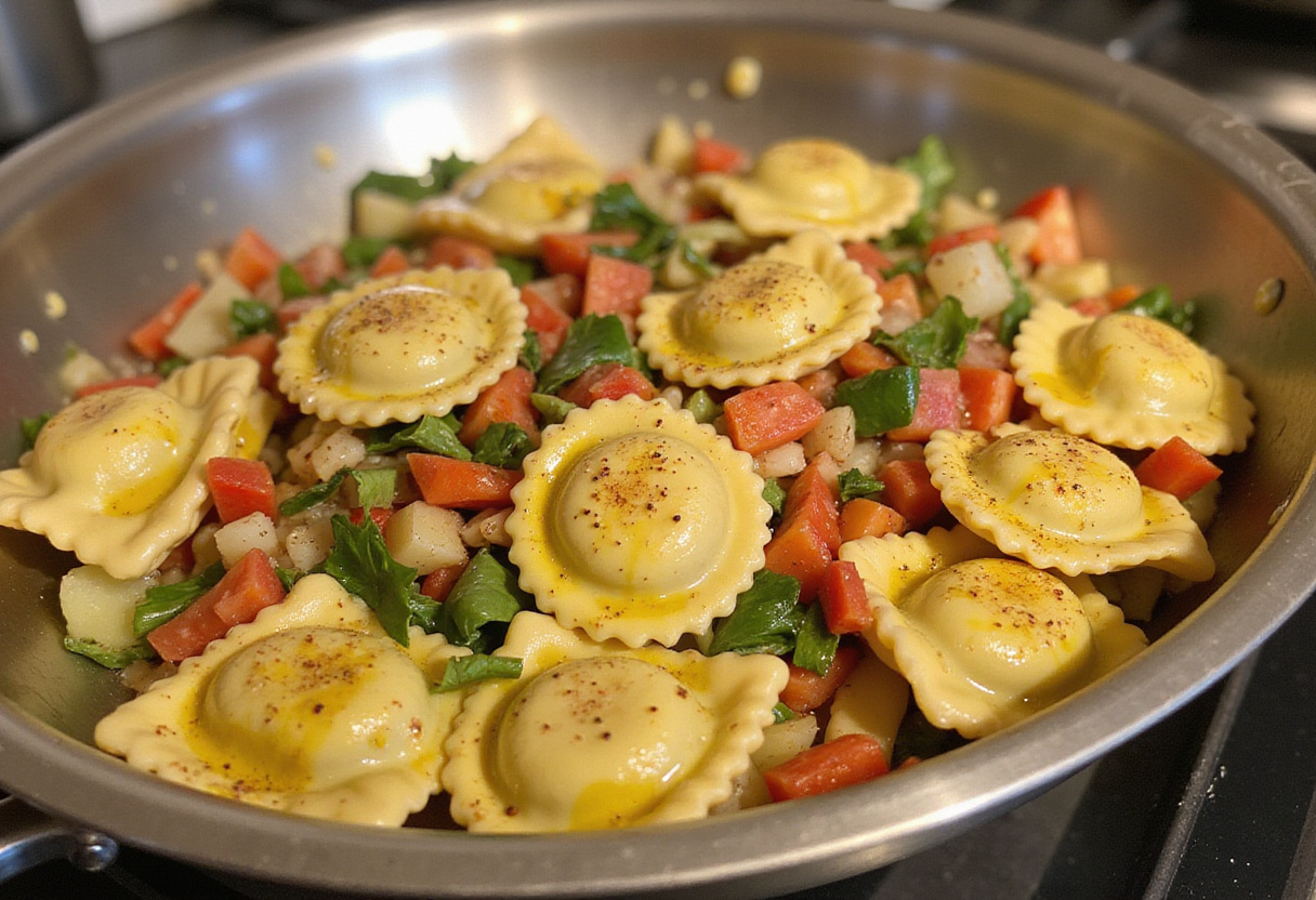 Mixing cooked ravioli with fresh vegetables and olive oil for a flavorful foil-pack ravioli dinner.